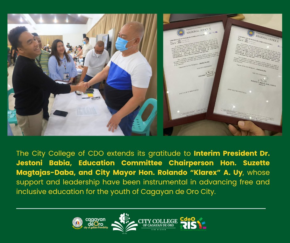 CHED – R10 Grants Certificate of Program Compliance (COPC) to City College of CDO for BTVTED and BTLED Programs