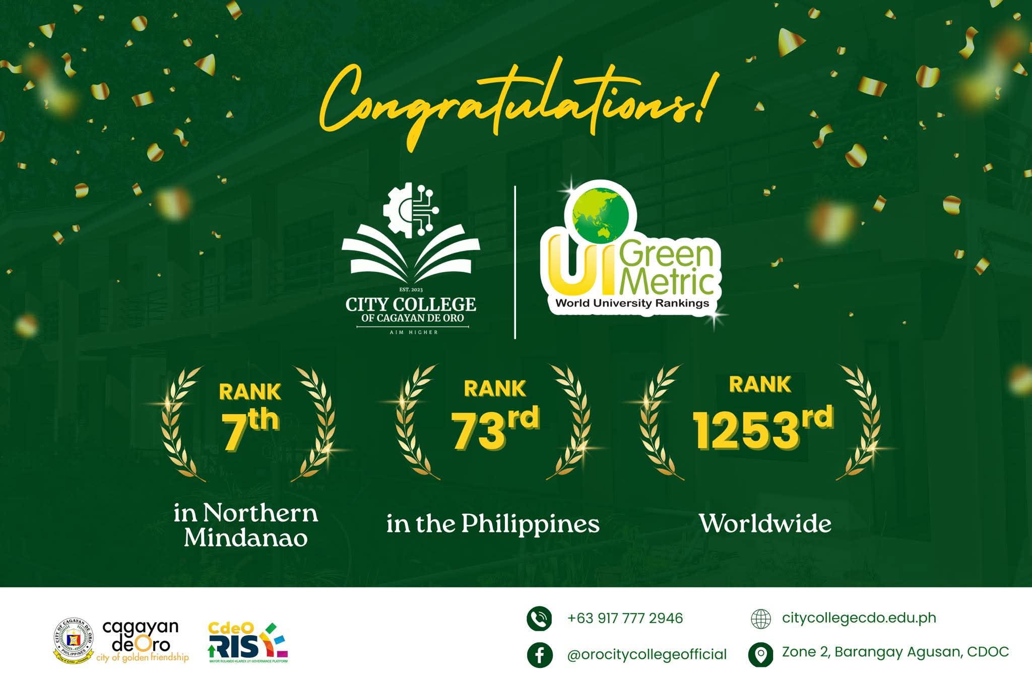 City College of Cagayan de Oro Earns Spot in the 2025 UI GreenMetric World University Rankings!